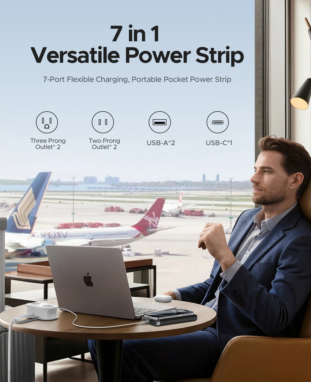 TravelZap™ Power Strip: 4 Outlets, 2 USB, 4FT Wrap